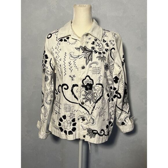 Laura Ashley White Embroidered Beaded Collared Button Up Jacket Women's Size S - Picture 2 of 8
